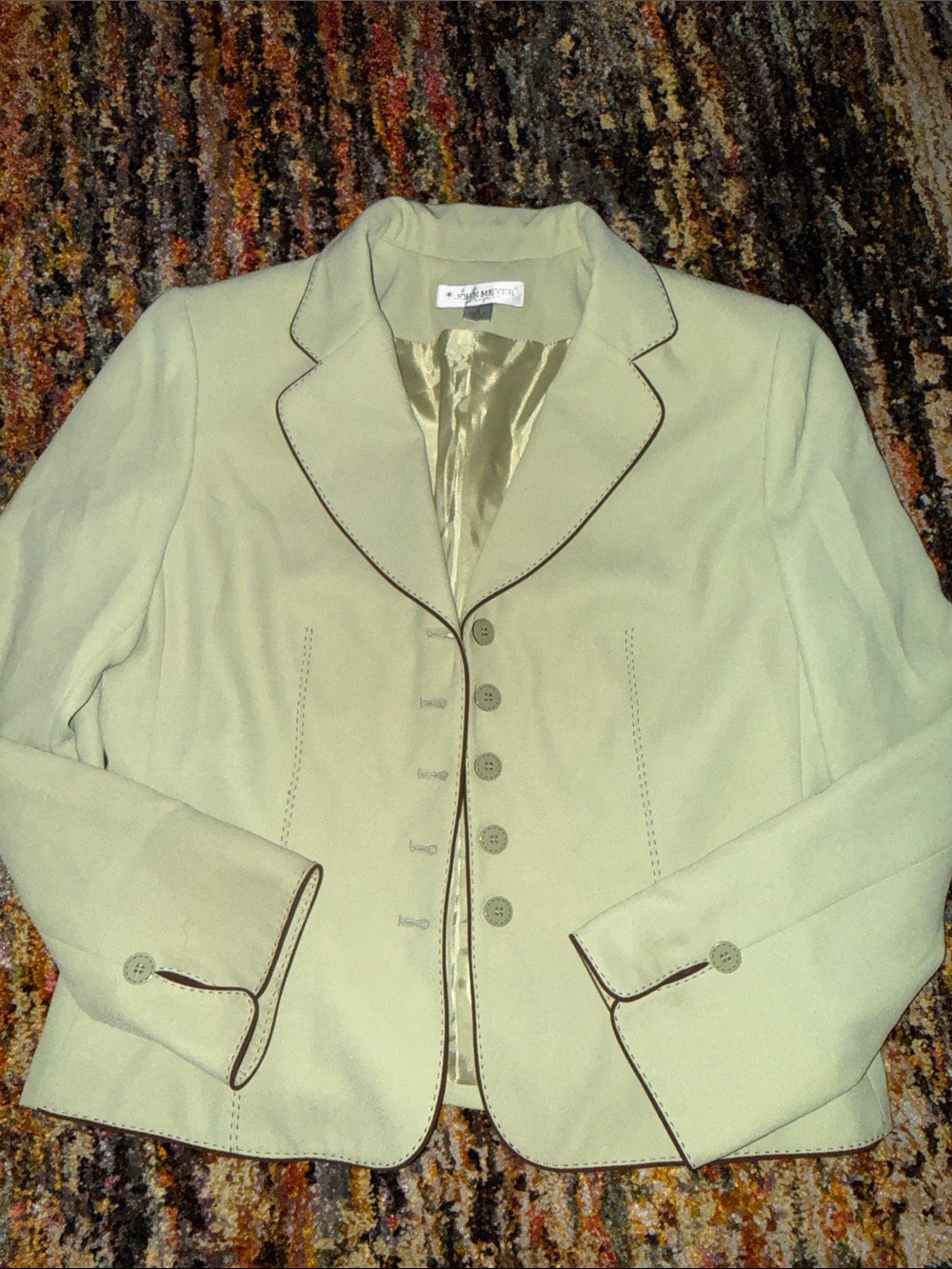 Vintage Tailored Light Sage Women's Blazer with Contrast Chocolate Piping 12